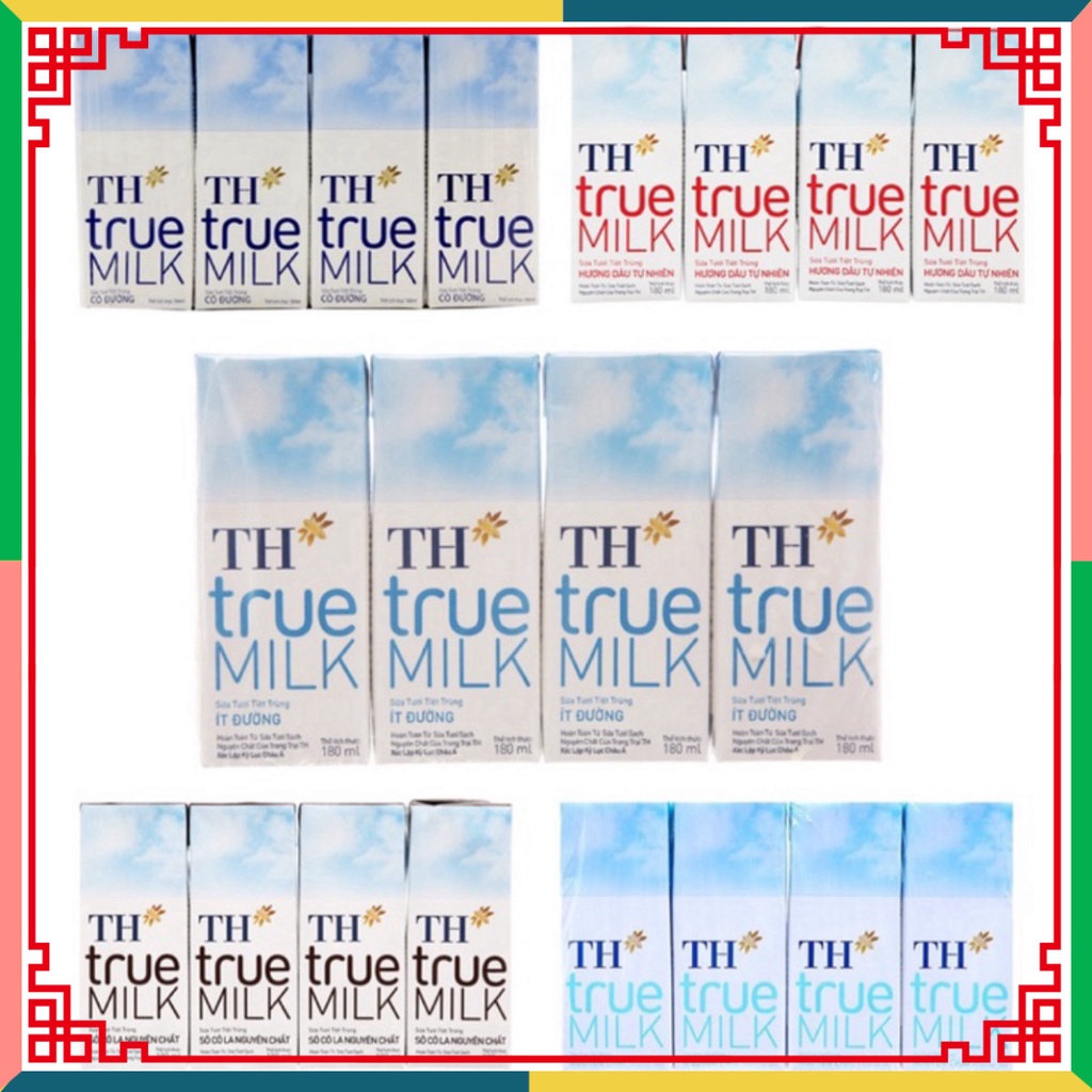 LỐC 4 HỘP SỮA TH TRUE MILK 180ML CÓ ĐƯỜNG/ ÍT ĐƯỜNG/ KHÔNG ĐƯỜNG/ DÂU/ SOCOLA
