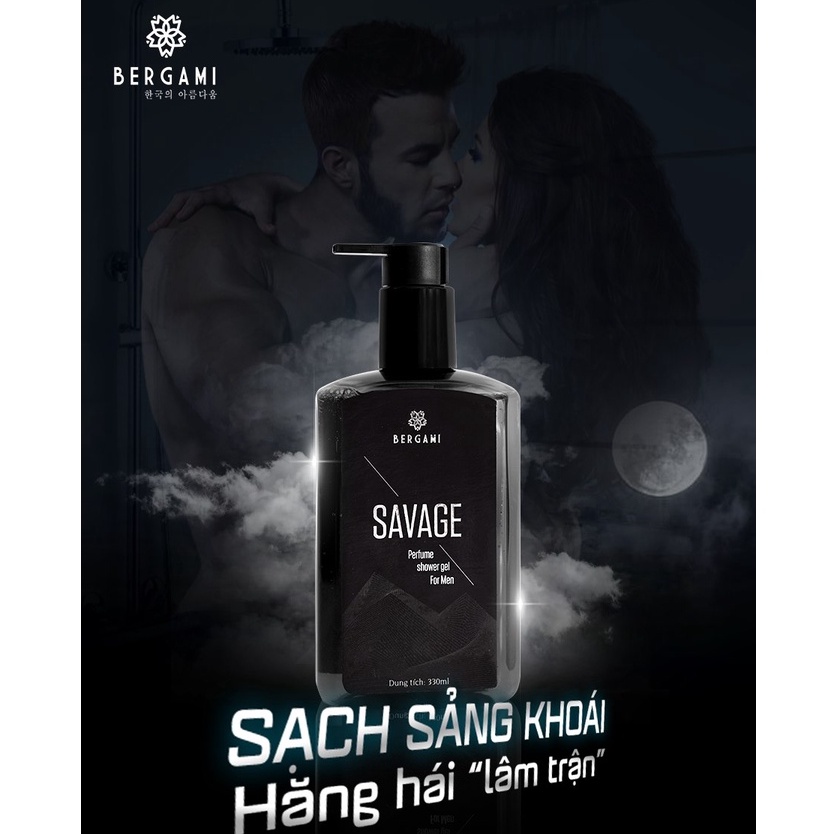 Combo 2 Sữa Tắm Nam Hương Nước Hoa Bergami Savage và Shocking Man, Ngừa Khuẩn Mùi Hương Nam Tính Lưu Hương 6H 330ml/chai