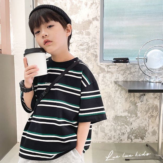 Áo Thun Cotton Ngắn Tay Dáng Rộng Size Lớn Họa Tiết Kẻ Sọc Phong Cách Hàn Quốc