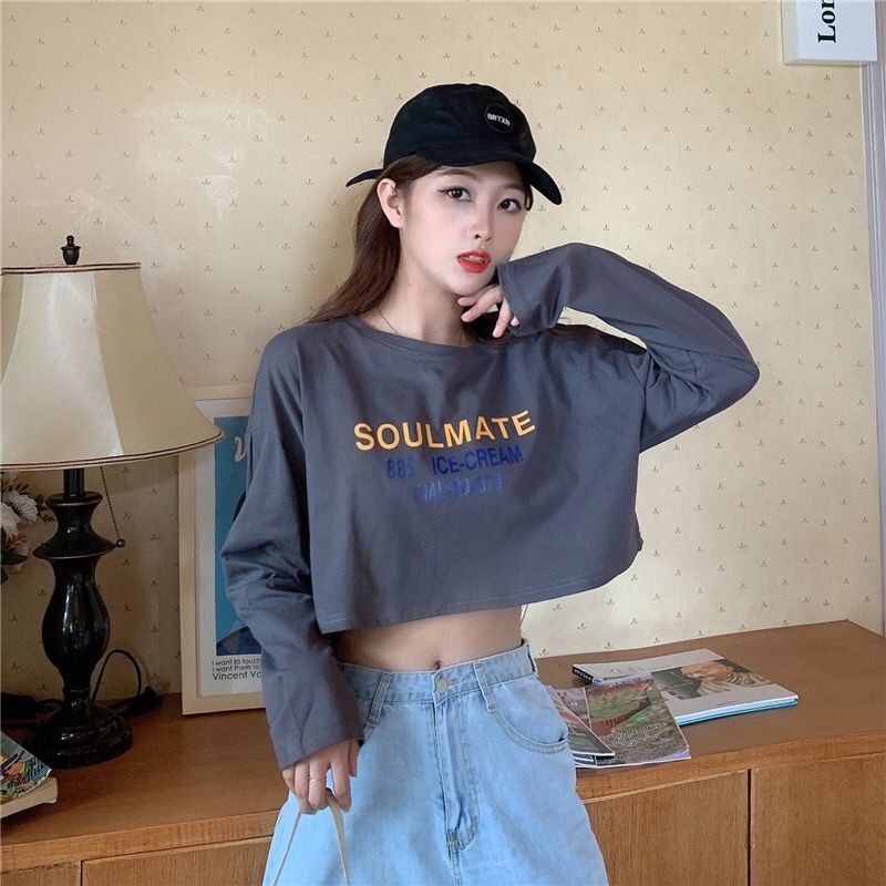 Áo Thun Croptop Tay Dài Dáng Rộng Phong Cách Thời Trang Hàn Quốc 2022