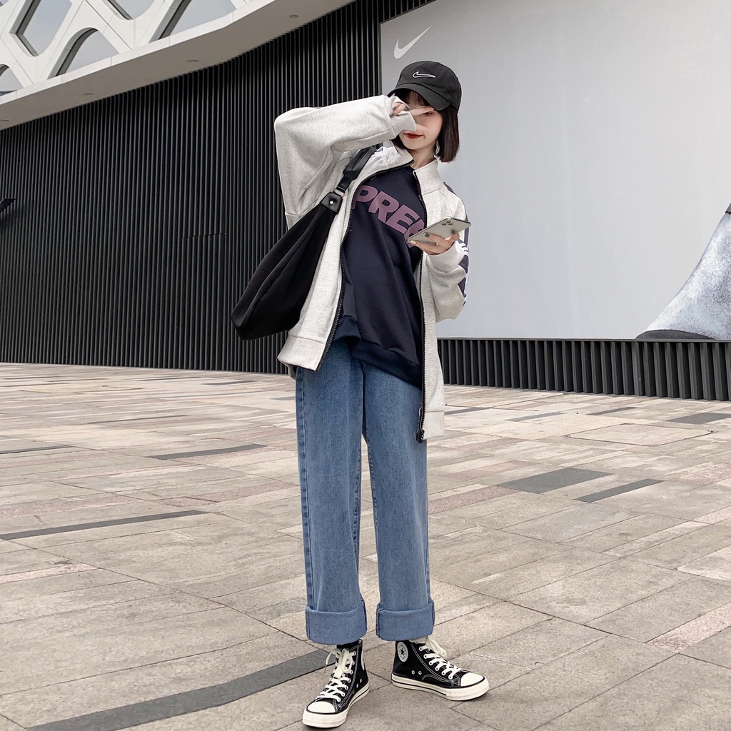 Quần jeans baggy nữ, QUAN Bò nữ ống suông rộng phong cách Hàn Quốc