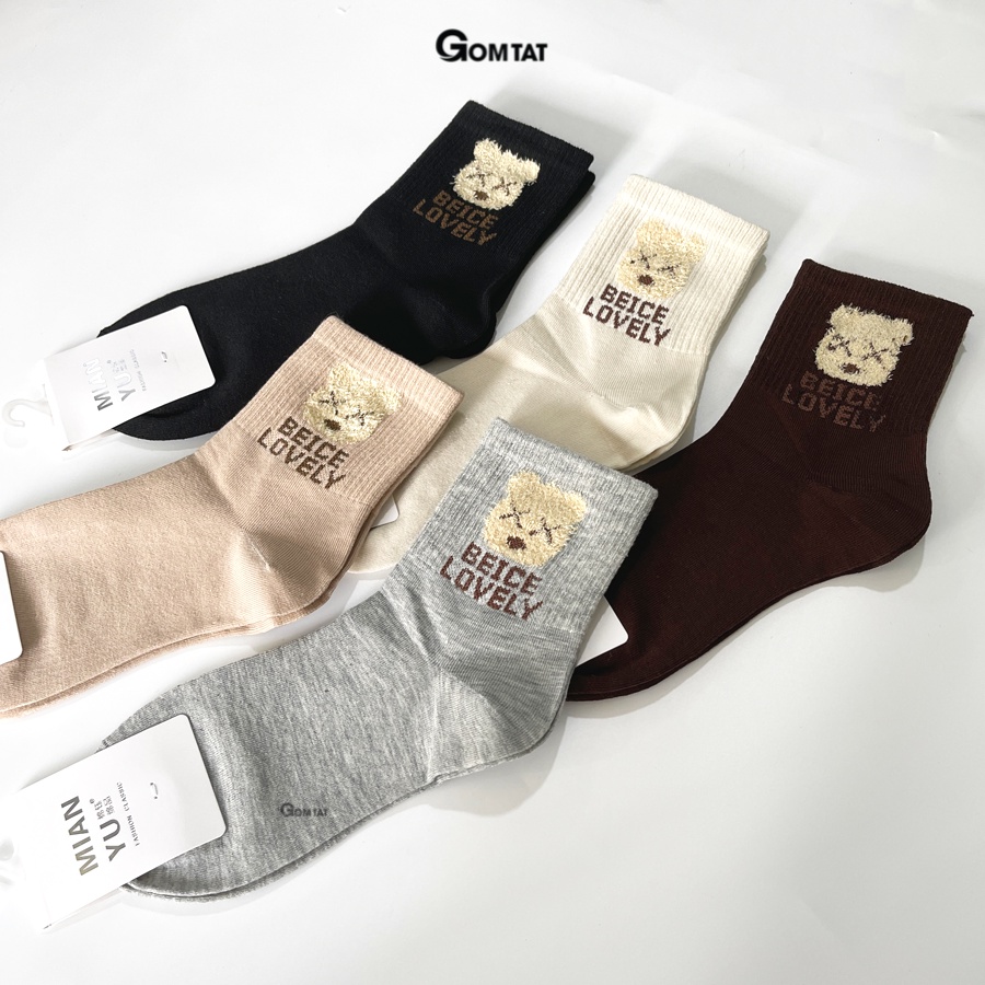 Set 5 đôi tất vớ nữ cổ trung GOMTAT hình gấu mẫu Beice Lovely, chất liệu cao cấp thoáng khí - LISU17-LUNG-GAU-BEICE