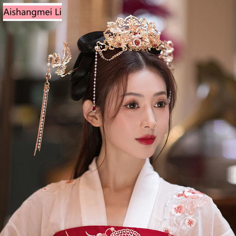 [Aishang Xinh Đẹp] Phụ Kiện Cài Tóc Hình Vương Miện Hán Phục Màu Vàng Đỏ Dễ Phối Đồ Phụ Kiện Đám Cưới Cho Cô Dâu