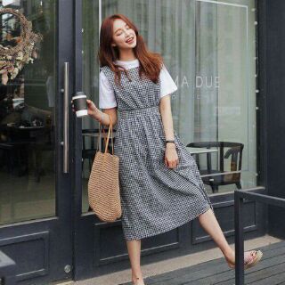 Đầm maxi caro đan dây sau, Đầm dạo phố, đầm đi làm cũng ok