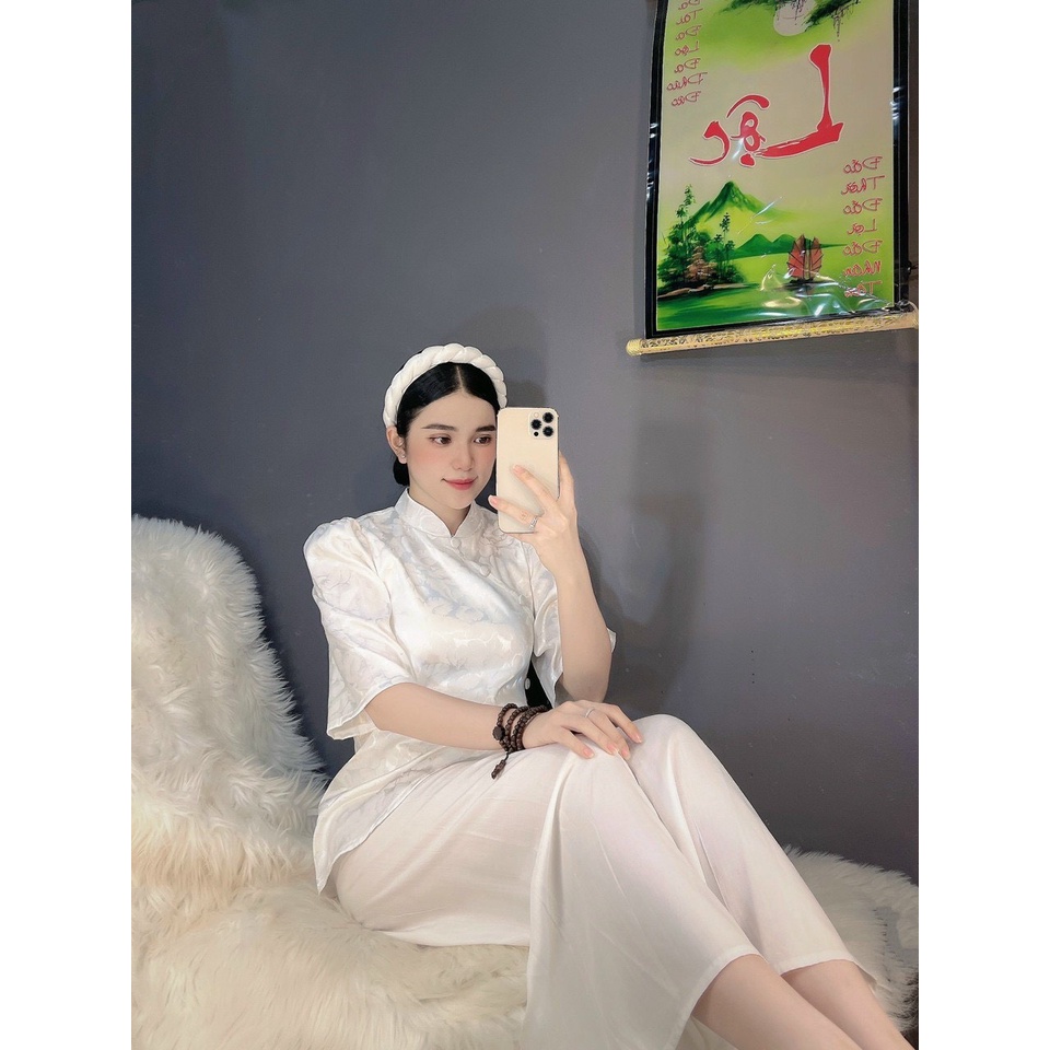 Đồ lam đi chùa nữ - Bộ lụa gấm Phật tử thiết kế vải mềm mịn # Mẫu cổ tàu vạt chéo xinh xắn # Set đi lễ KÈM QUẦN B42