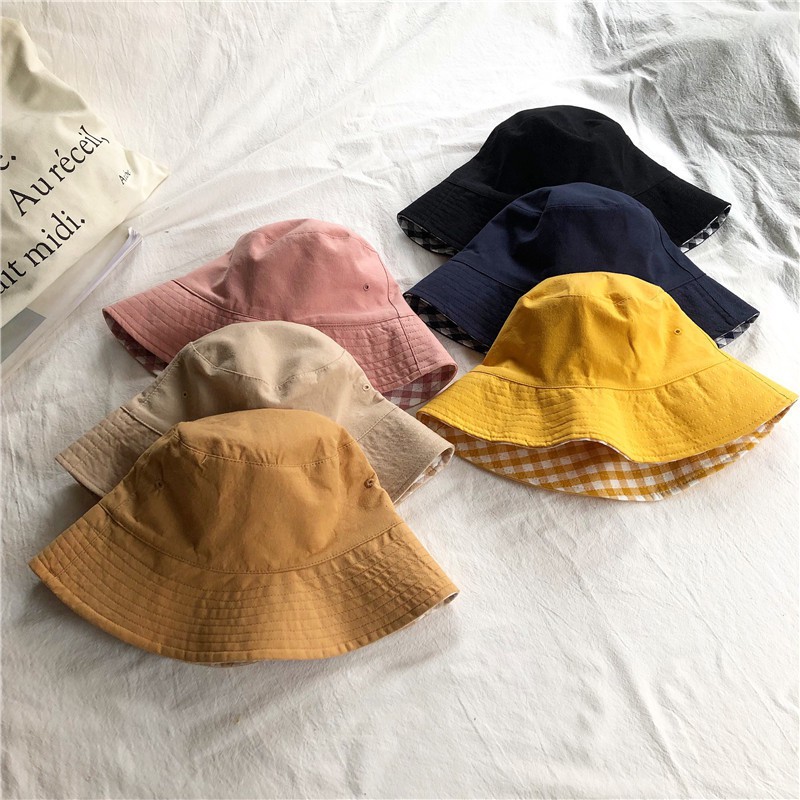 Mũ bucket 2 mặt, nón bucket 1 mặt caro 1 mặt trơn màu vải mềm Hàn Quốc cao cấp
