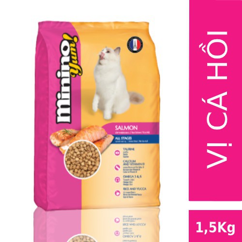 THỨC ĂN CHO MÈO Minino yum Salmon Dạng hạt Vị cá Hồi Gói 1.5kg Xuất xứ Thái Lan