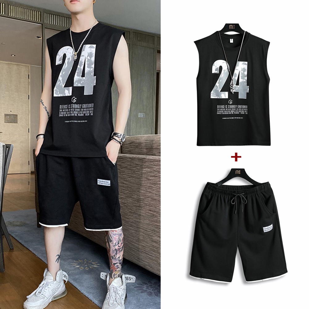 Bộ Đồ Thun Nam 24 Áo 3 Lỗ Khoét Nách Cổ Tròn Quần Short Đùi Thể Thao Có Túi MENFASHION 90000160C