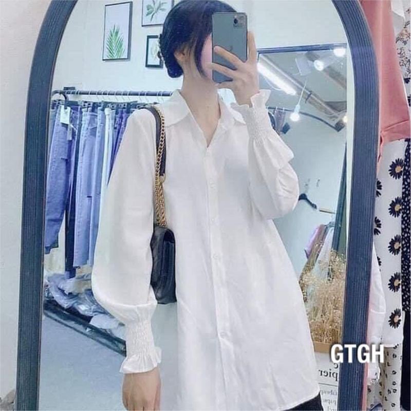 {AMANDA} Áo sơ mi trắng dài tay nữ, Áo sơ mi trắng dài tay nữ phối tay bèo chất thô lụa mềm dáng rộng siêu xinh [AMAND