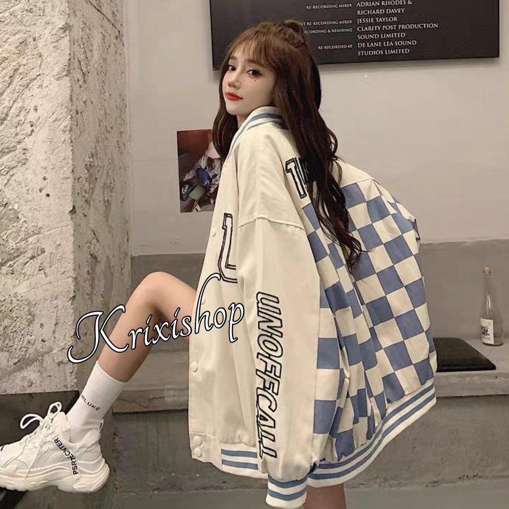 Áo khoác bomber nữ tuổi teen caro bàn cờ vua, form rộng nút bấm vải dù đi học đi chơi