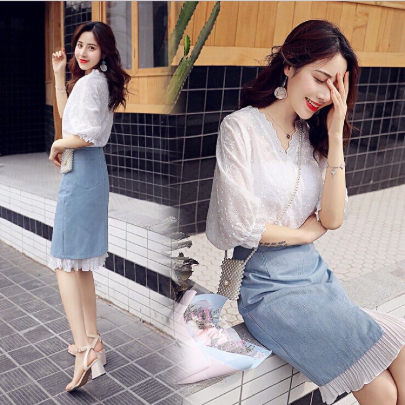 set váy áo ren mix chân váy jean kèm ảnh thẬt