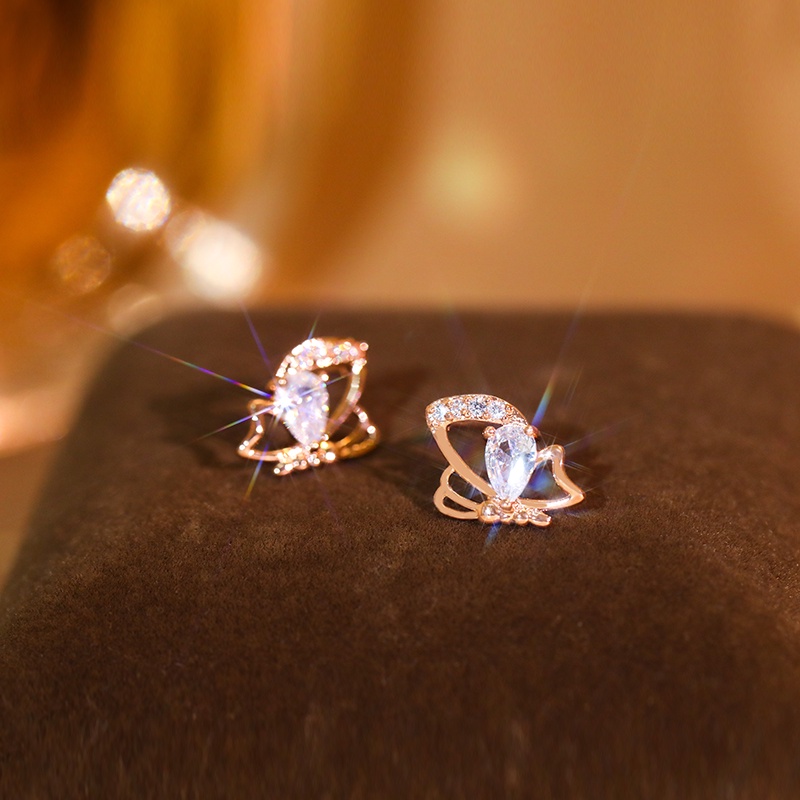 Bông tai JIUDUOLAN ruy băng đính đá zircon màu vàng hồng hình bướm tinh tế thời trang cho nữ