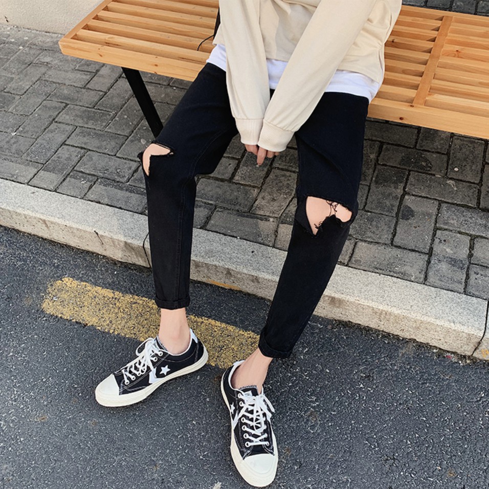 [Tiền Nào Của Đấy]Quần Jean Nam Rách Gối Màu Đen Vải Co Giãn, Không Phai Màu Dáng Skinny Phong Cách Hàn Quốc-J04