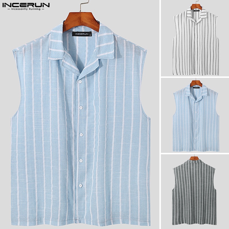 Áo sơ mi INCERUN cotton không tay cổ bẻ kẻ sọc 3 màu thời trang cho nam