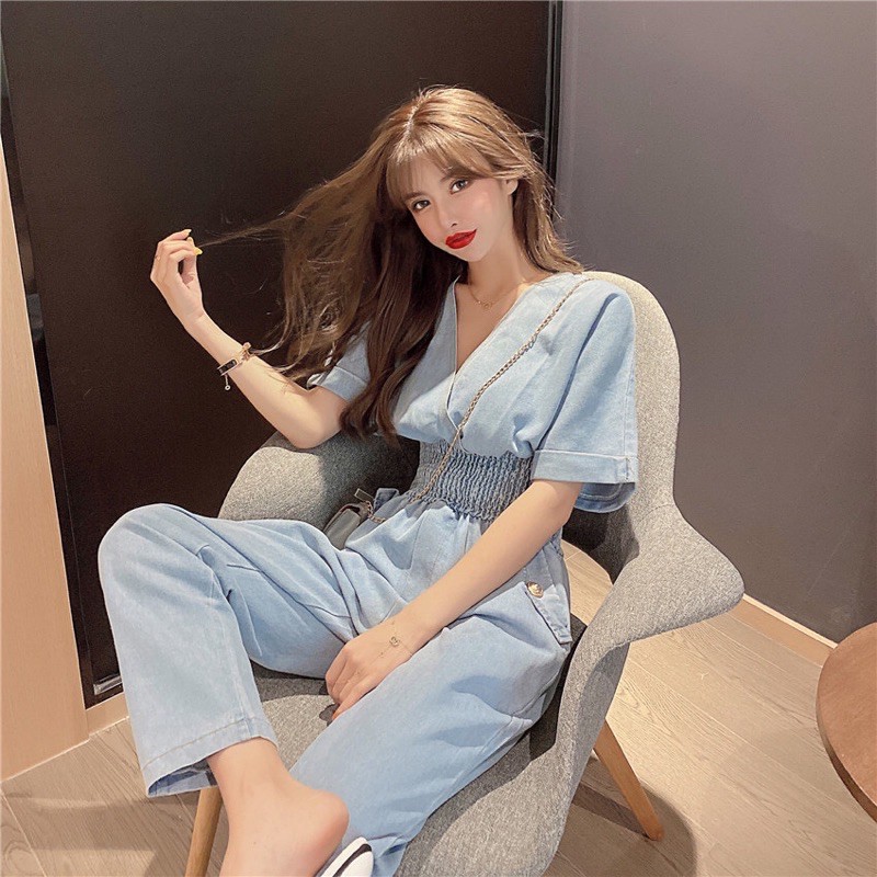 Jumpsuit Jean Quần Dài Áo Cổ V Đắp Chéo Cá Tính