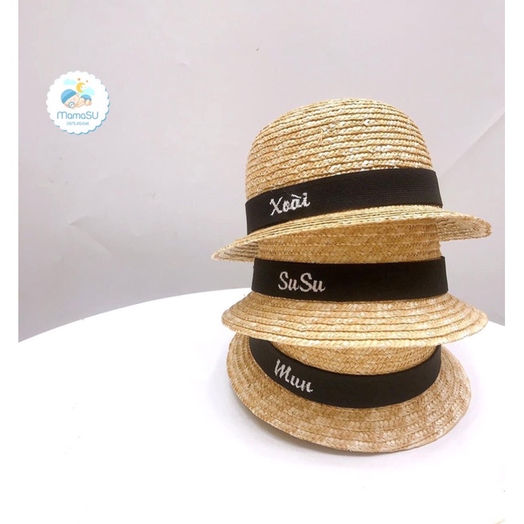 Mũ cói thêu tên bé theo yêu cầu phong cách Hàn Quốc chống thất lạc - Mũ nón trẻ em dễ thương đi học chơi đi biển có quai