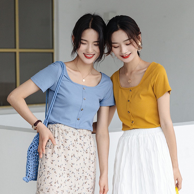 Xiaozhainv Áo thun nữ tay ngắn màu trơn đáng yêu