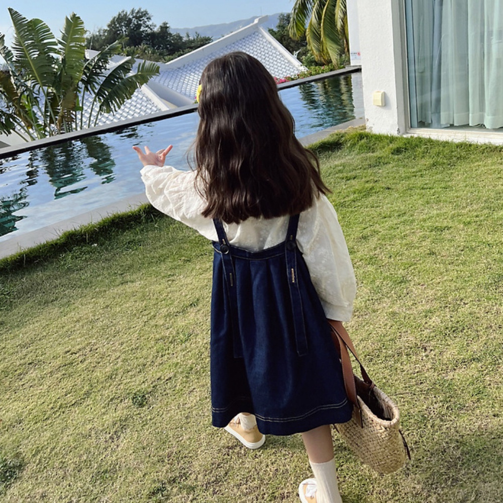 Set Đầm Yếm Denim + Áo Sơ Mi Ren Thời Trang Mùa Thu Phong Cách Hàn Quốc Cho Bé Gái