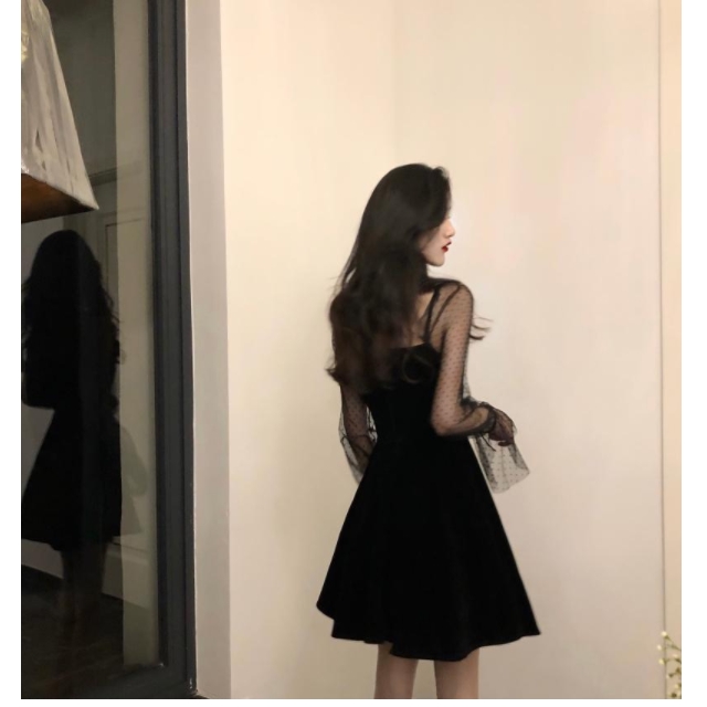 Lưới Khâu Màu Đen👗👗Đầm Ngắn Tay Dài Hở Vai Ôm Eo Màu Đen Quyến Rũ Cho Nữ