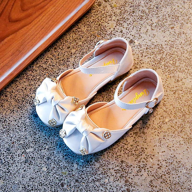 Xăng đan Da Đế Bằng Phối Nơ Thanh Lịch Cho Bé Gái 3-16 Tuổi