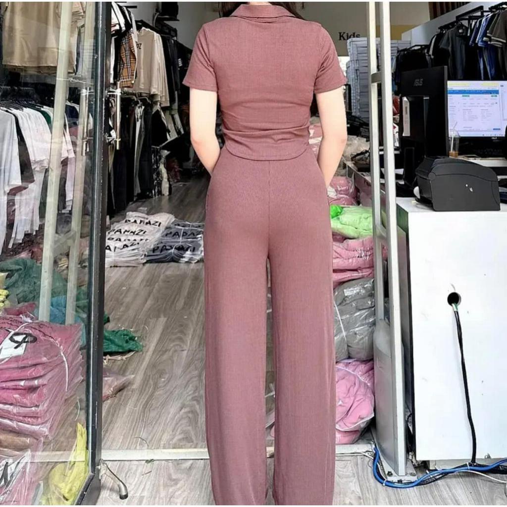 Đồ bộ nữ, set đồ bộ quần ống rộng đai cao có túi và áo croptop ôm lai bầu cổ sơ mi gài nút, bộ đồ mặc ở nhà nữ