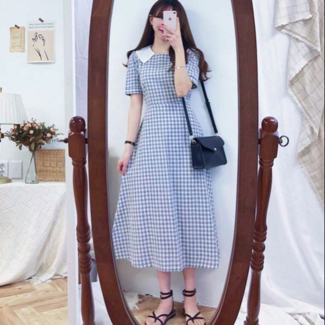 ĐẦM CARO XANH PHỐI CỔ TRẮNG