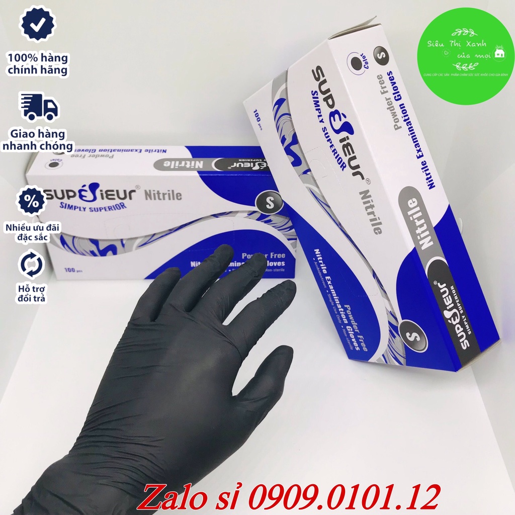 Găng tay y tế không bột chính hãng Vglove - Superieur (hộp 100 cái), bao tay đen phun xăm thực phẩm