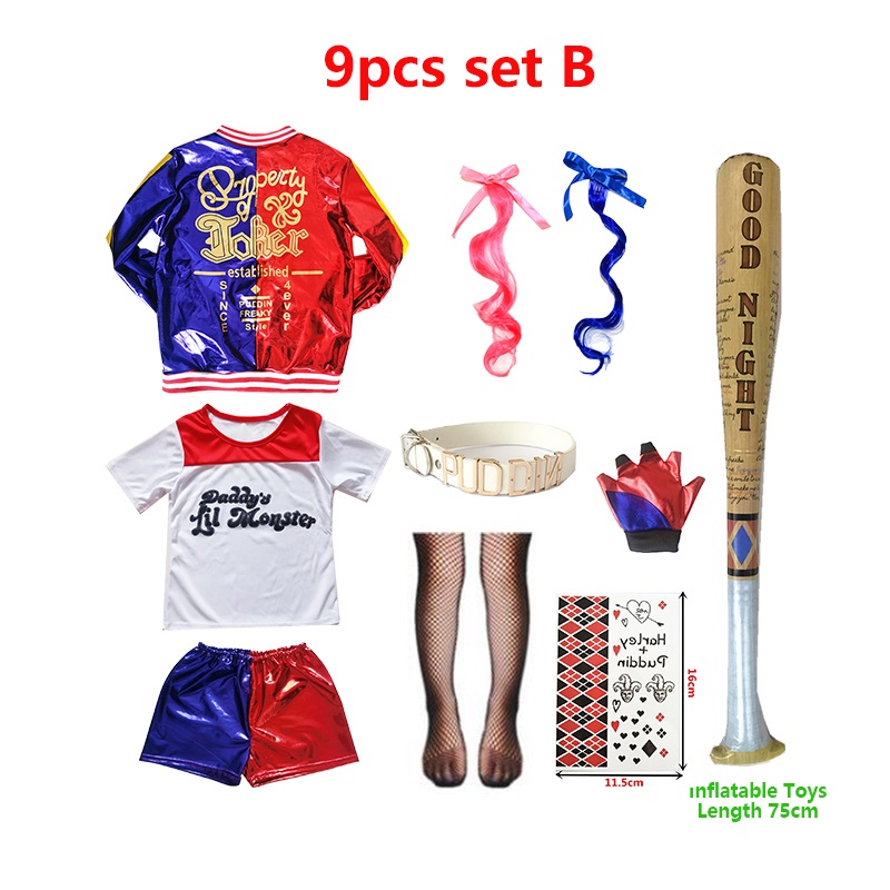 Harley Quinn trang phục cosplay Halloween trẻ em cô gái Suicide Squad áo thun quần short tóc giả lễ hội trang phục