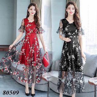 [ HOT ] ĐẦM XÒE NỮ PHỐI LƯỚI THÊU HOA TAY LOE CAO CẤP 3 MÀU ĐỎ XANH ĐEN ĐỦ SIZE - 80509