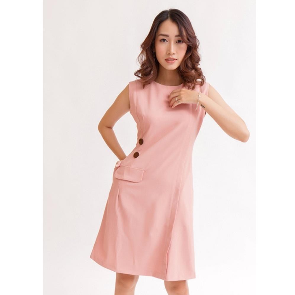Váy Đầm Nữ Cổ Tròn Không Tay Tà A Nút Gỗ Màu Đỏ SONAITI