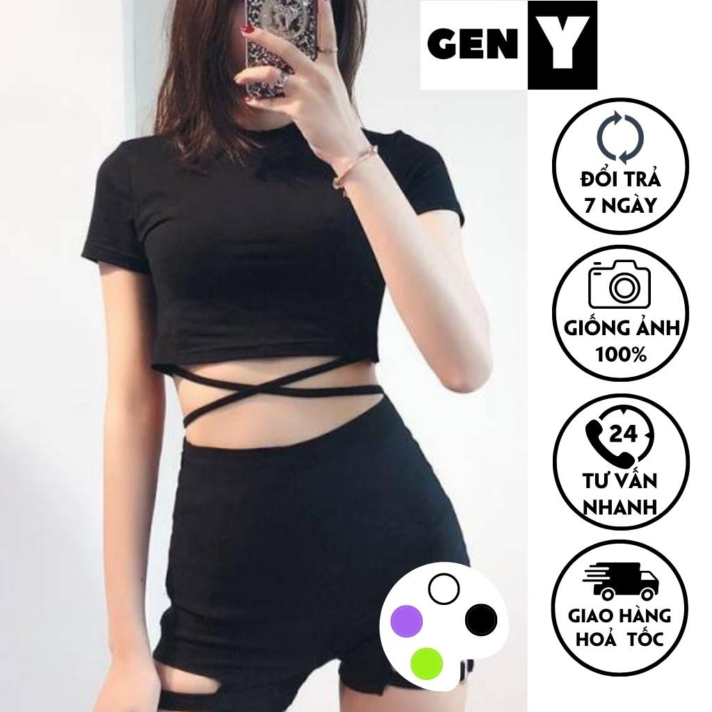 Áo croptop ngắn tay nữ buộc dây quanh eo GenY, áo kiểu nữ cổ tròn vải borip eo quấn dây cực tôn eo.