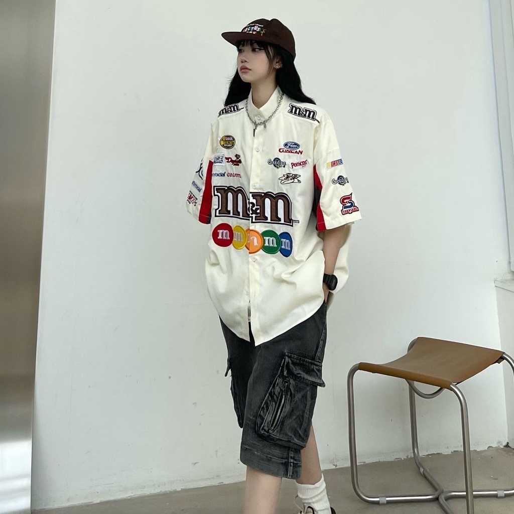 Áo thun tay ngắn dáng rộng in họa tiết M bean đường phố Mỹ cổ điển cho nam và nữ
