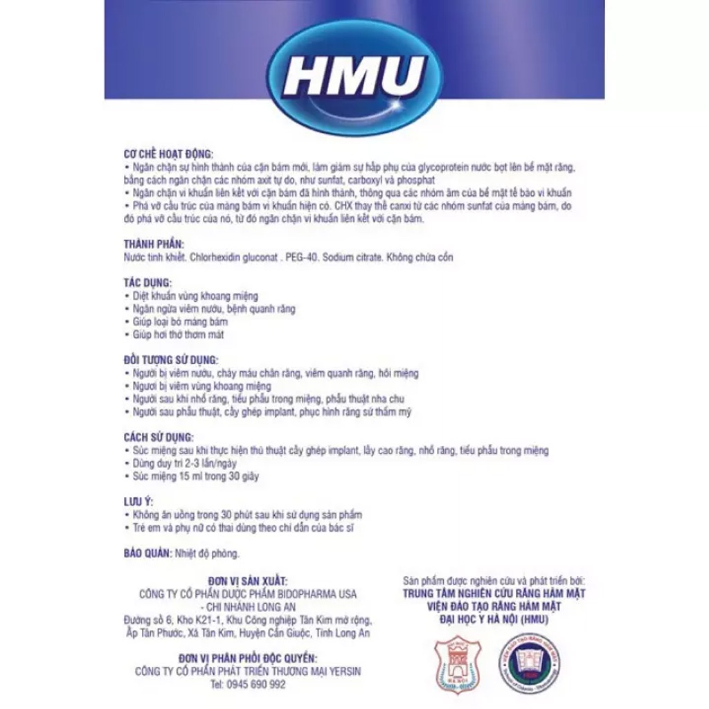 Nước súc miệng diệt khuẩn, sát khuẩn họng HMU Chlorhexidin 0,12% - Chai 250ml