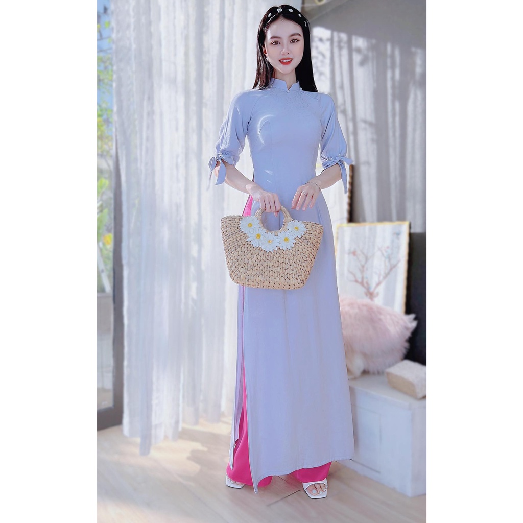 Áo dài cách tân in gấm nữ kiểu tay nơ xinh xắn CHUU AD8064 - không kèm quần