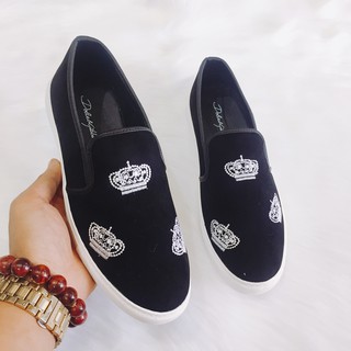 Giầy lười vải nam may đế thêu logo vương miện trắng ( Chất Store )