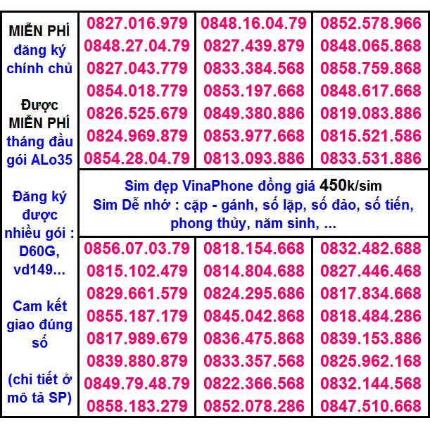 Sim Vina số đẹp 450k Hỗ Trợ ĐK chính chủ Miễn phí gói ALO35 tháng đầu, ĐK được gói VD149-D60G...(xem chi tiết SP)