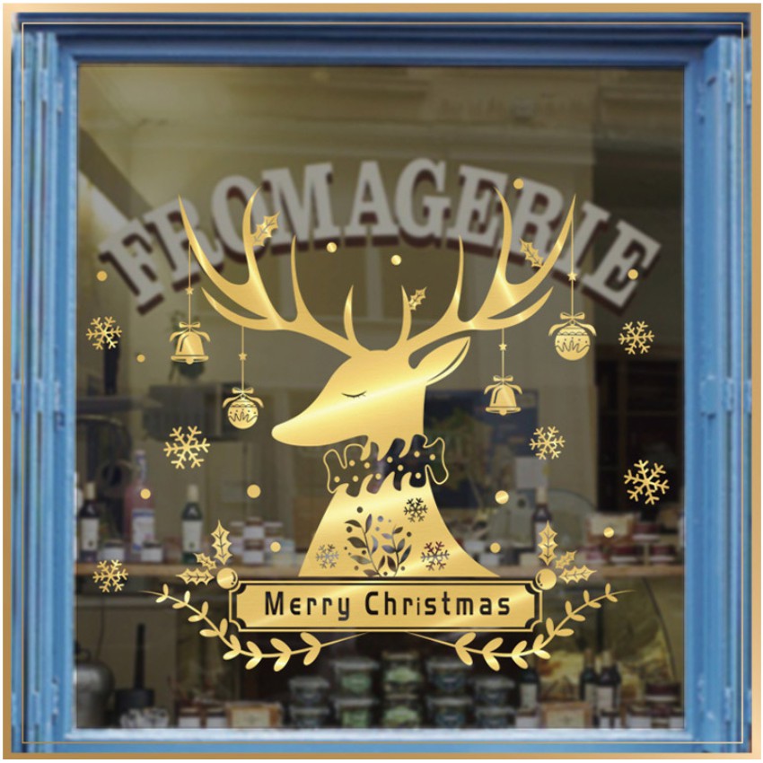 Decal dán tường Noel - Đầu Tuần Lộc kèm chữ cao cấp ánh vàng