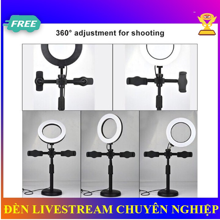 Đèn Livestream size 21cm và  giá đỡ 2 điện thoại Hỗ Trợ Chụp Ảnh Make up Trang Điểm 3 Chế Độ Sáng