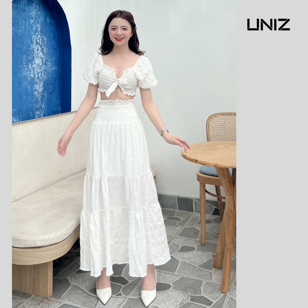 Set áo croptop kèm chân váy dáng dài chất đũi UNIZ đầm maxi đi biển, đi chơi 2094