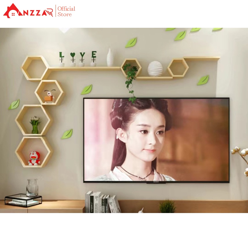 Bộ kệ gỗ treo tường Anzzar để khung ảnh, đồ lưu niệm trang trí nội thất phong cách hiện đại
