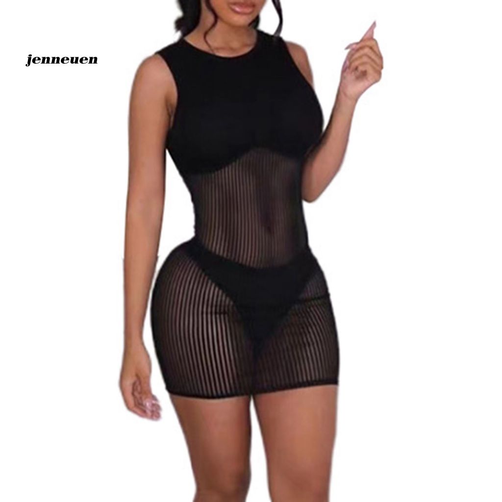 Je Đầm Mini Sát Nách Phối Lưới Xuyên Thấu Gợi Cảm Cho Nữ