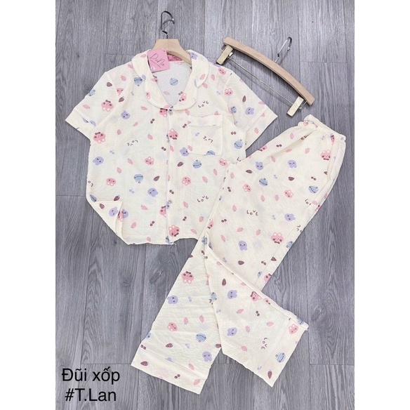 Bộ pyjamas chất đũi xốp áo cộc quần dài nhiều hình dễ thương, Bộ ngủ xinh phong cách trẻ trung mùa hè