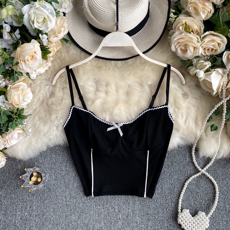 Áo dệt kim hai dây dáng ôm màu sắc gợn sóng thời trang cho nữ