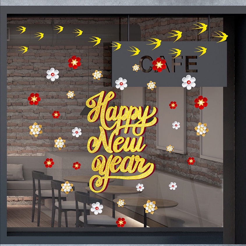 Combo 4 chim én vàng xốp dán kính kích thước từ nhỏ đến lớn trang trí Tết