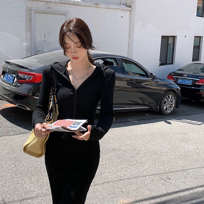 COZOK Đầm hoodie tay dài phối khoá kéo