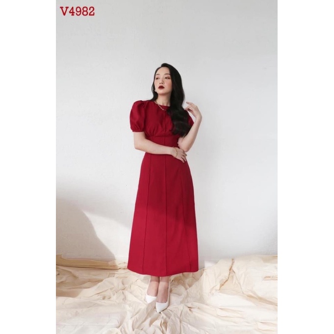 Đầm đỏ ly eo tay bồng dáng dài