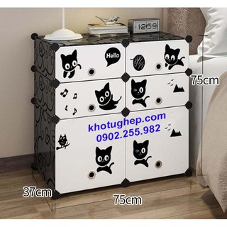 TỦ NHỰA LẮP GHÉP MINI ĐẦU GIƯỜNG 2 Ô TO + 4 Ô NHỎ CỬA TRẮNG MÈO ĐEN ĐỂ ĐỒ ĐA NĂNG THÔNG MINH