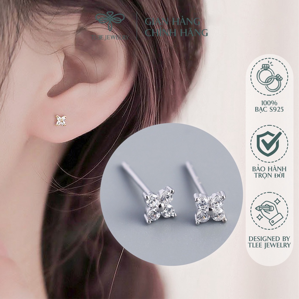 Khuyên tai bạc nữ TLEE nhí hoa đá bốn cánh nhỏ nhắn NCJ B0152