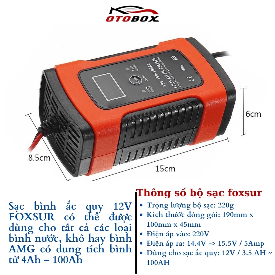 sạc bình ắc quy 12v xe máy ô tô 100ah foxsur tự ngắt khi đầy, máy sạc bình acquy tự động chống ngược cực