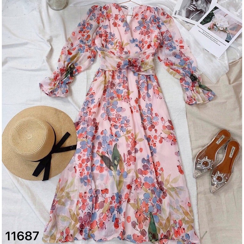 Đầm maxi hoa xoắn eo tay dài 11687 | BigBuy360 - bigbuy360.vn